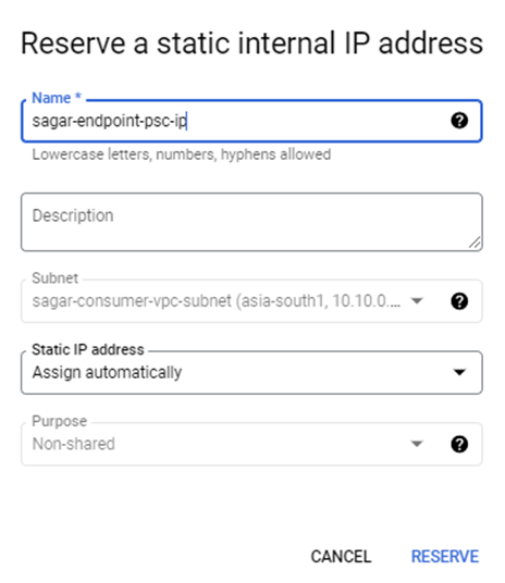 Reserved Private IP for Endpoint 