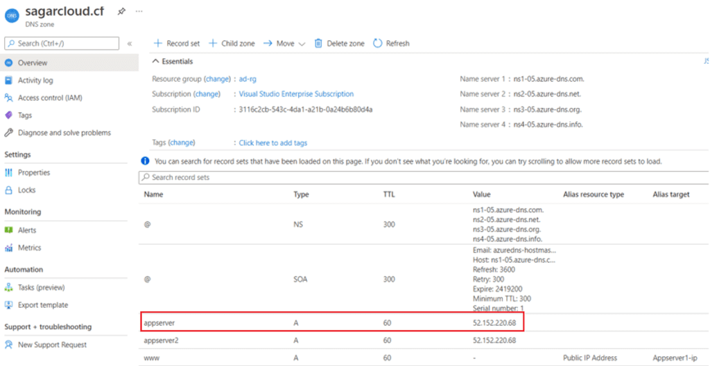 DNS Zone service records