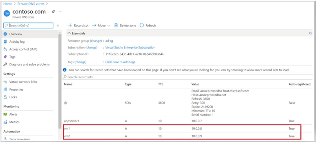 Private DNS Zone Service Records