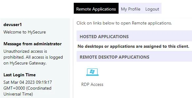 RDP App Available for uses on HySecure