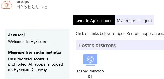 Shared Desktop Published in HySecure